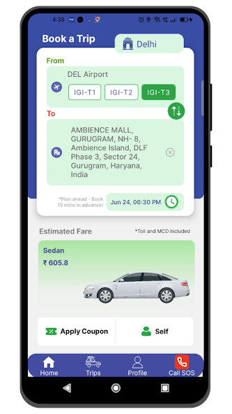 MegaCabs booking screen