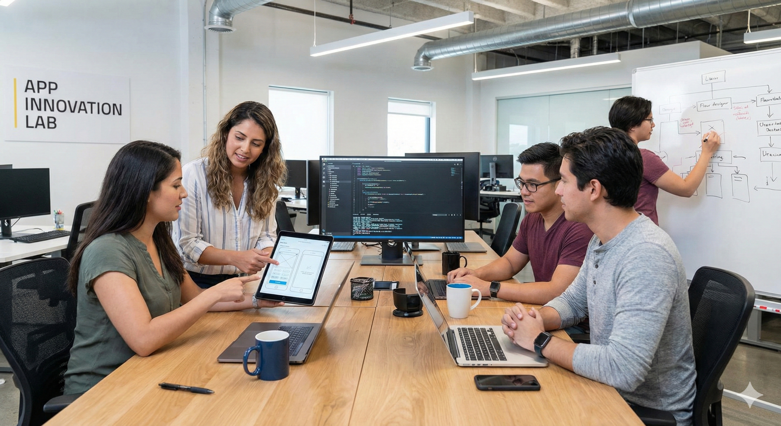 Business team reviewing a curated app development companies list on a laptop