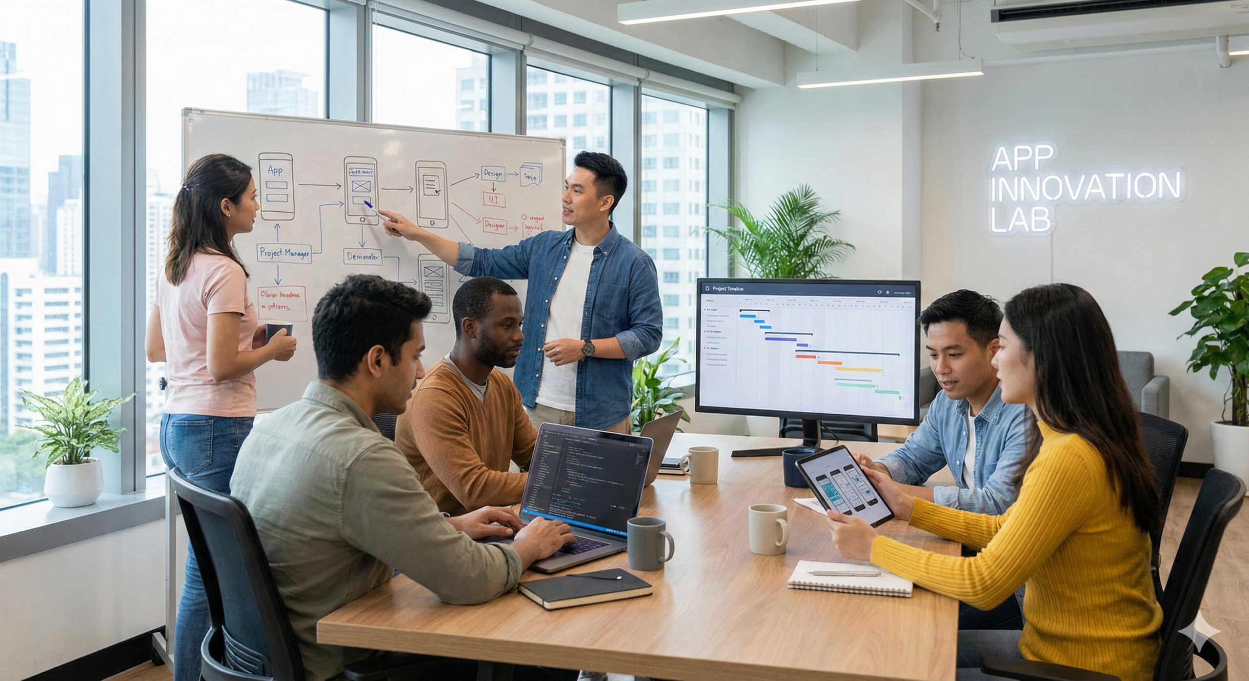 Mobile app development company team discussing project strategy and wireframes