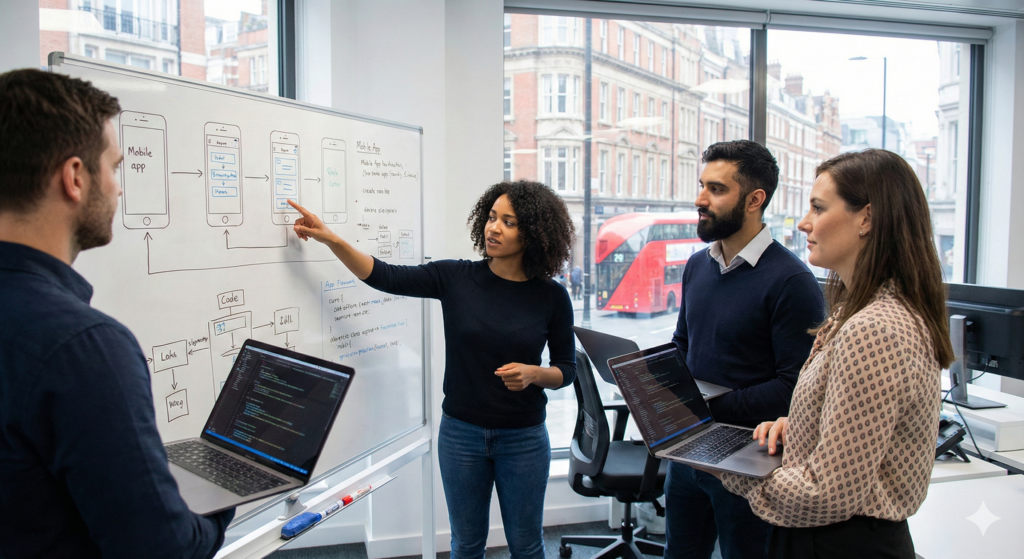UK mobile app development team collaborating in a modern London office